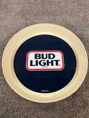 Vtg Drink Serving Bud Light Round 13" Tray Plastic Blue Cream Decor